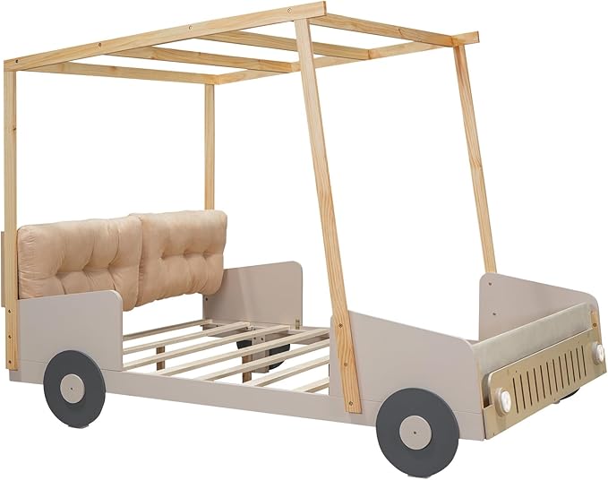 Classic Full Size Car-Shaped Platform Bed with Wheels and Ceiling Cloth, Solid Wood Low Bed Frame with Pillow and LED Lights, Cute Floor Bed for Kids Boy Girls