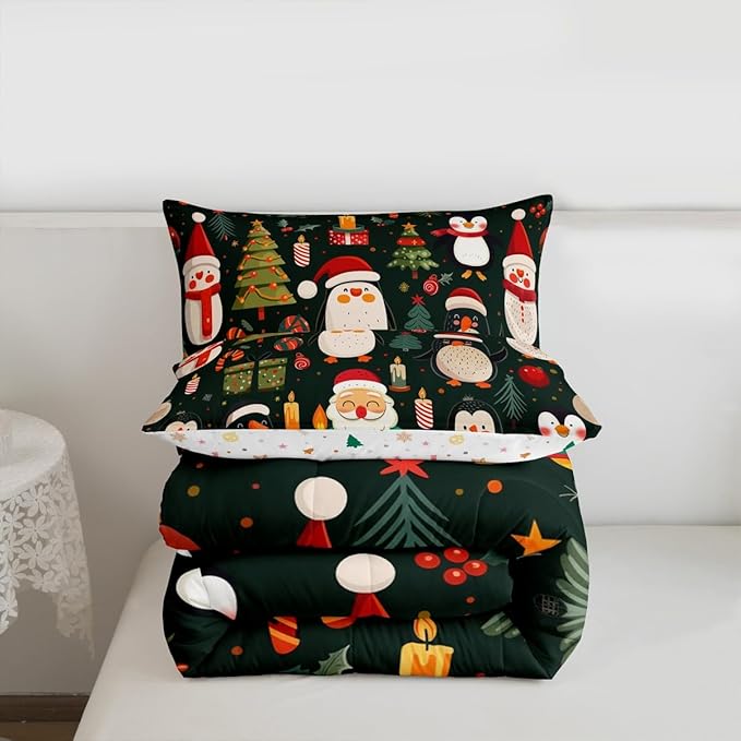Feelyou Christmas Bedding Set Soft for Boys Girls, Penguin Santa Comforter Set Full Size Xmas Tree Snowflake Duvet Quilt Microfiber New Year Gift Bedroom Decor 3 Pcs with 2 Pillow Cases