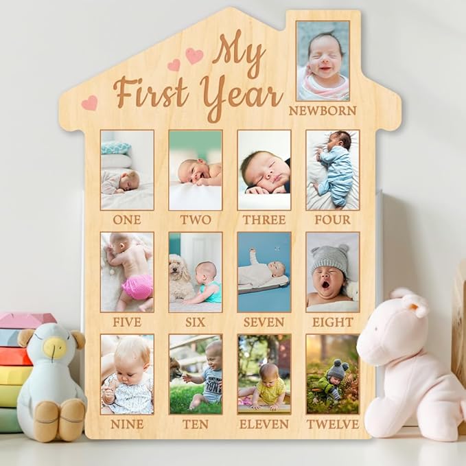 ORIGACH My First Year Baby Growth Photo Display Wood Board - 12 Months Newborn Milestones Photo Board - Neutral Baby Keepsake Frame 1st Birthday Party Nursery Decor New Mom Gift - Pink Heart