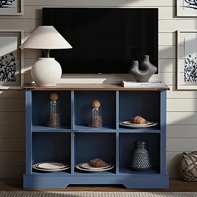 6 Cube Storage Organizer, Wood Cube Bookshelf with LED Lights, Horizontal Storage Cubes, Kids Bookshelf, Display Cabinet Cubby Shelf for Living Room Home Office Bedroom，Navy Blue
