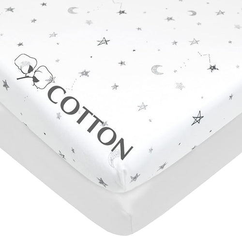 American Baby Company 2 Pack Printed 100% Natural Cotton Jersey Knit Fitted Portable/Mini-Crib Sheet, Gray Star and White, Soft Breathable, for Boys and Girls