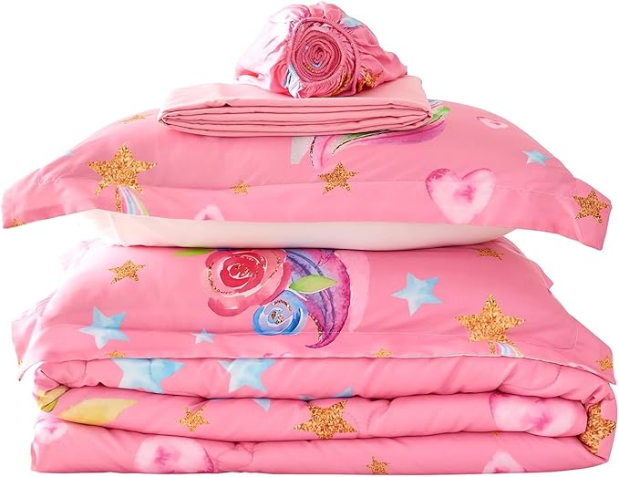 Wajade Pink Unicorn Comforter Set for Girls 7 Piece Cute Cartoon Bedding Set for Kids Queen Size as Birthday Gift with Comforter, Sheet Set, Pillowcase and Sham