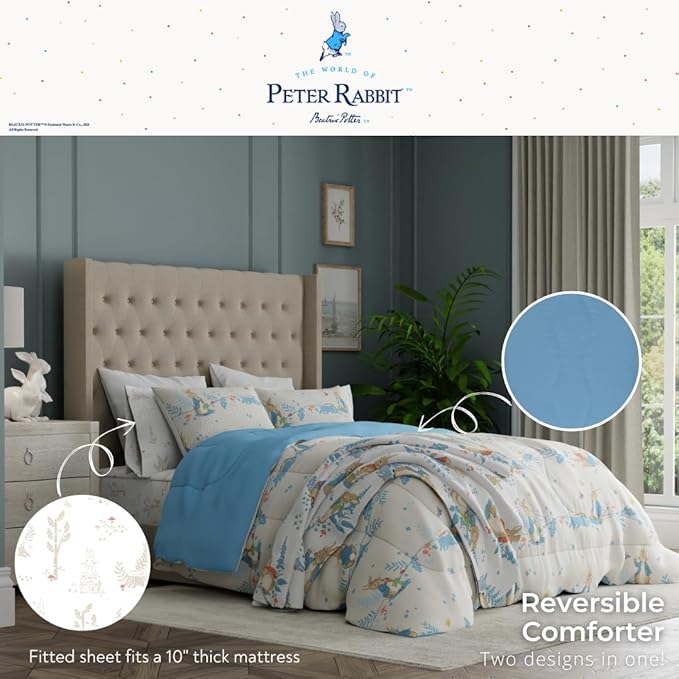 Franco Peter Rabbit Kids Bedding Super Soft & Cozy Reversible Microfiber Comforter and Sheet Set with Sham, 7 Piece Full Size, (Officially Licensed Product)