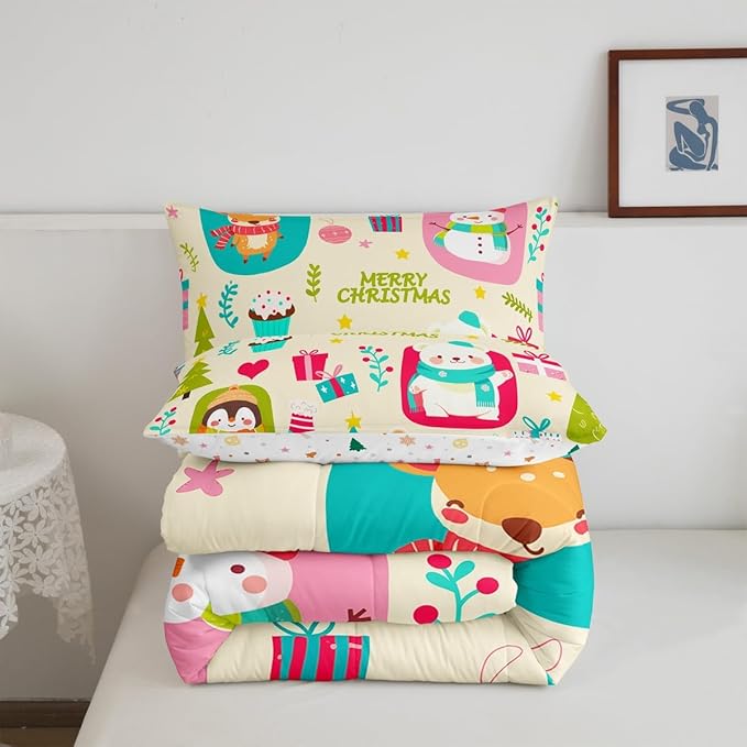 Erosebridal Merry Xmas Comforter Set Queen Size Christmas Tree Quilt for Kids Boys Girls Cartoon Penguin Bear Bedding Set Cute Deer Elk Duvet Insert with 2 Pillow Cases