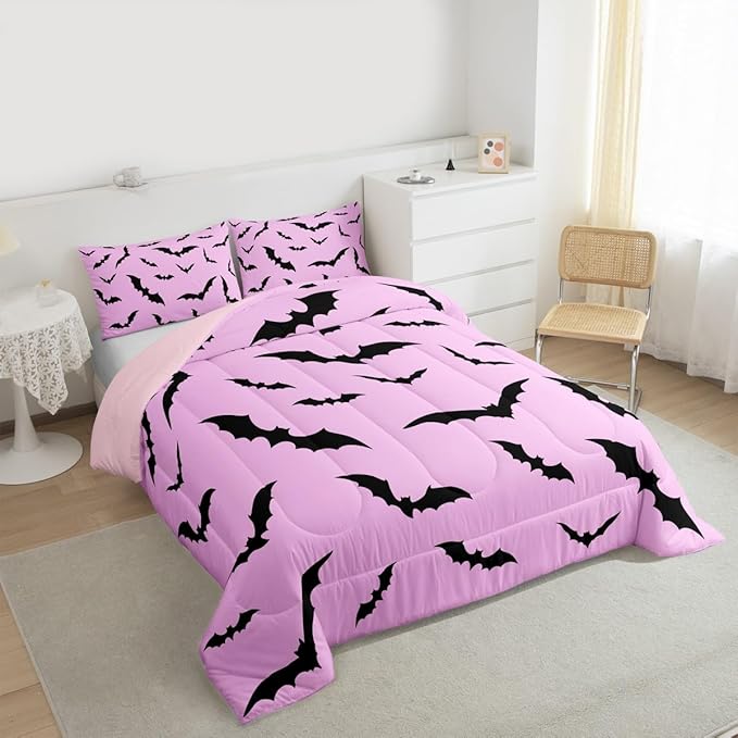 Erosebridal Gothic Bat Comforter Set Halloween Theme Bedding Set Toddler Size,Horror Spooky Animal Quilt for Kids Boys Girls Adults Black Bats Silhouette Down Comforter,Pink Goth Room Decor