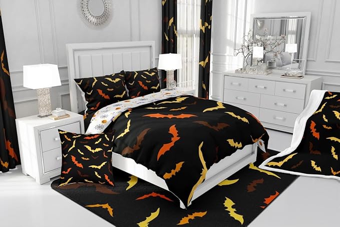Erosebridal Bat Comforter Set for Kids Halloween Quilt Bats Animal Silhouette Bedding Set King Size Happy Holiday Gothic Style Bedding Comforter Sets with 2 Pillow Cases,Yellow and Orange