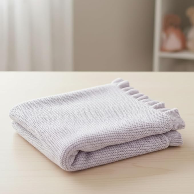 Cotton Baby Blanket with Ruffle Edge Soft Breathable Newborn Blanket for Boys & Girls, Lightweight Knit Throw for Crib, Stroller & Nursery Multiple Colors Available Lilac 28x36
