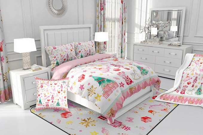 Feelyou Pink Christmas Kids Comforter Set Toddler Size Ballet Nutcracker Bedding Set Snowflake Duvet Quilt for Kids Boys Girls Bedroom Decor Microfiber Ultra Soft Breathable