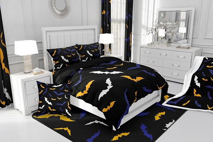Erosebridal Bat Comforter Set Toddler Size for Kids Boys Happy Halloween Decor Quilt with 1 Pillow Case Bats Animal Silhouette Bedding Set Gothic Spooky White Duvet Insert,Orange
