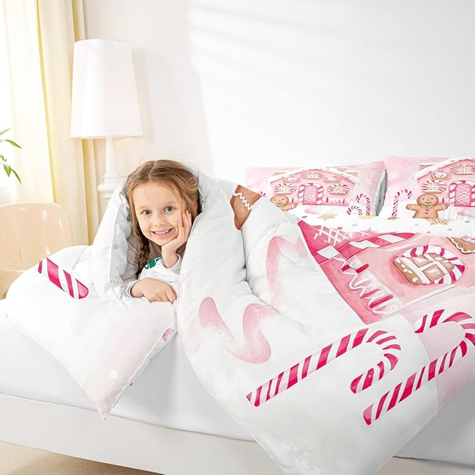 Feelyou Gingerbread Man Comforter Set Full Size Gingerbread House Bedding Set for Kids Boys Girls Candy Canes Duvet Quilt Pink Christmas Scheme Bedroom Decor Snowflake 3 Pcs with 2 Pillow Cases