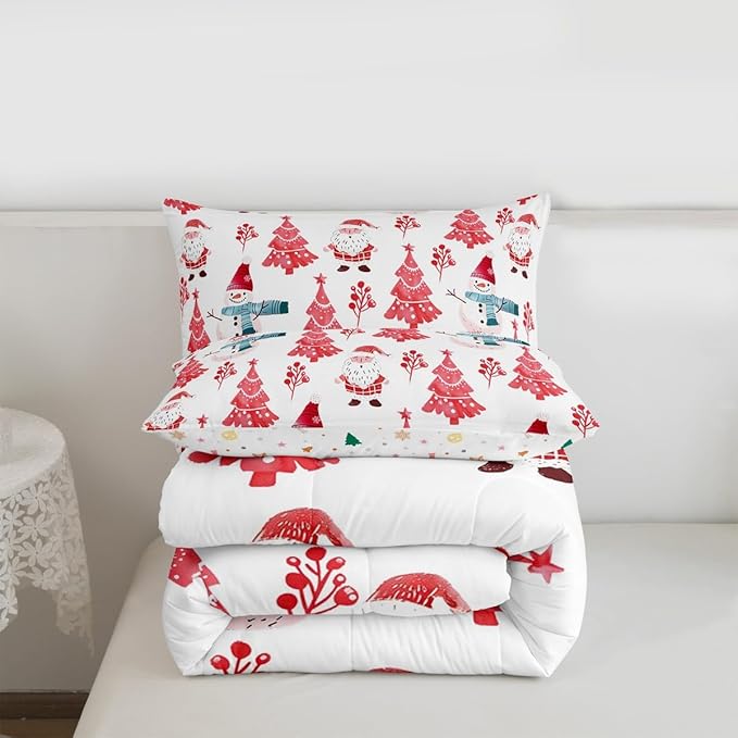 Feelyou Merry Christmas Comforter Set All Season Xmas Tree Snowman Bedding Set with 2 Pillow Cases Santa Claus Microfiber Kids Queen Bedclothes Bedroom Decor Duvet Quilt Breathable Soft