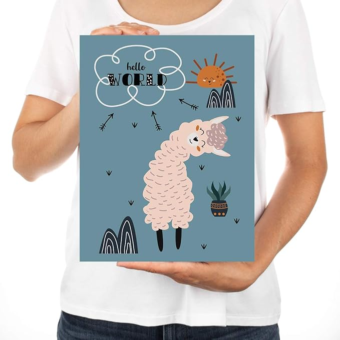 Andaz Press Nursery Kids Room Scandinavian Hello Llama Wall Art Decor Poster Prints, 8.5 x 11-inch, Scandinavian Hello World Llama Graphic, 1-Pack, Unframed