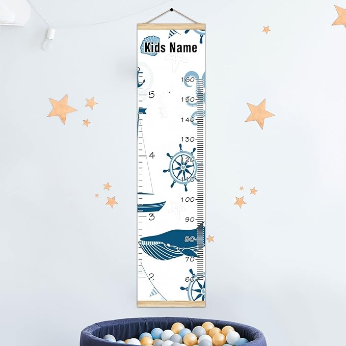 Personalized Kids Name Growth Chart Ruler for Wall Wood Frame Height Measure Chart 13.4x56 in Linen Hanging Height Growth Chart Nautical Lighthouse Sailboat Kids Room Decor