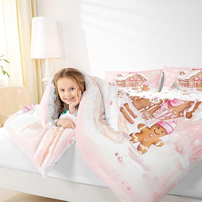 Feelyou Gingerbread House Kids Comforter Set Queen Size Gingerbread Man Bedding Set Christmas Tree Duvet Quilt for Kids Boys Girls Bedroom Pink Bow Decor Snowflake Microfiber Ultra Soft Breathable