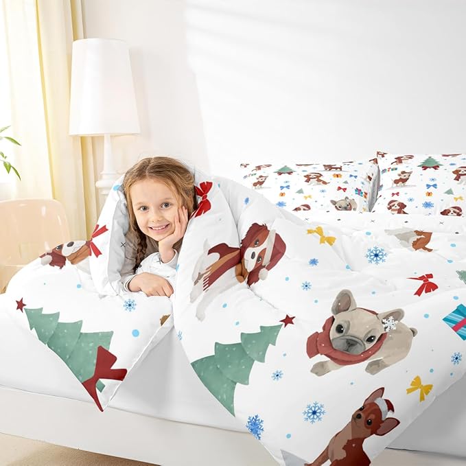 Feelyou Christmas Puppy Comforter Set All Season Festive Pet Bedding Set with 2 Pillow Cases Cute Dog Kids Queen Bedclothes Xmas Tree Snowflake Bedroom Decor Duvet Quilt Breathable Soft Lightweight