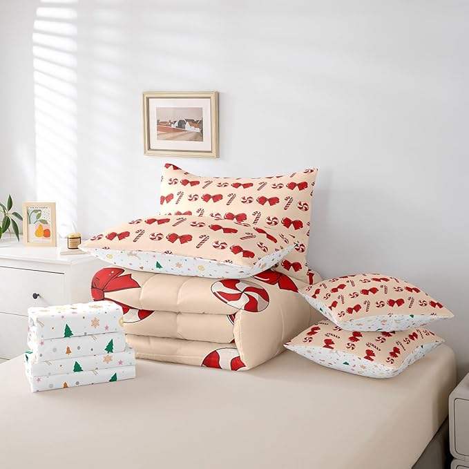 Feelyou Red Christmas Girly Comforter Set with Sheets Kids Christmas Bowknot Bedding Set Boys Girls Bow Candy Decor Bed in a Bag Xmas Theme Bed Set Bedroom King Size
