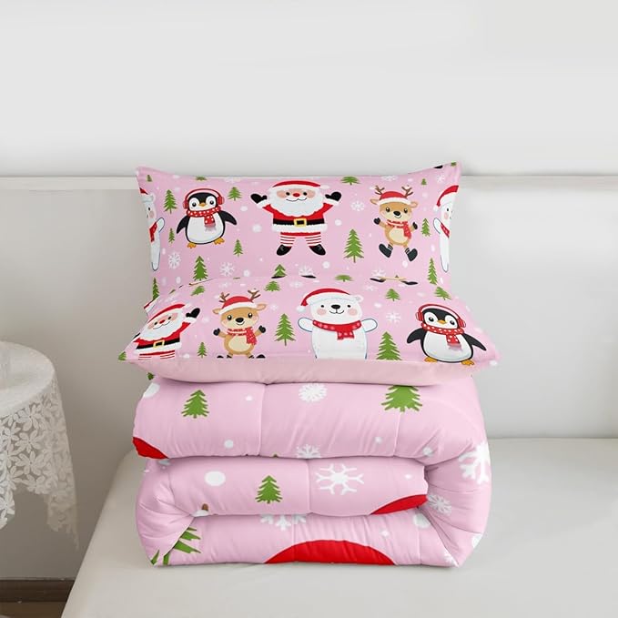 Feelyou Pink Christmas Bedding Set Soft for Boys Girls, Santa Claus Comforter Set Toddler Size Penguin Deer Duvet Quilt Microfiber Xmas Snowflake Tree Bedroom Decor 2 Pcs with 1 Pillow Cases