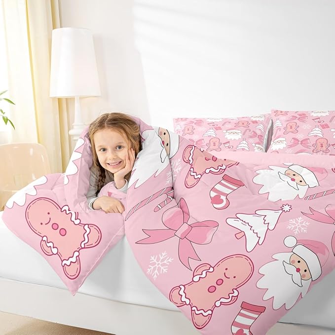 Feelyou Pink Christmas Bedding Set Soft for Boys Girls, Santa Claus Comforter Set Toddler Size Gingerbread Man Duvet Quilt Microfiber Bow Candy Cane Bedroom Decor 2 Pcs with 1 Pillow Cases