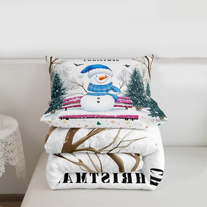 Feelyou Merry Christmas Bedding Set Soft for Boys Girls, Cute Snowman Comforter Set Full Size Snowflake Duvet Quilt Microfiber Christmas Tree Bedroom Decor 3 Pcs with 2 Pillow Cases