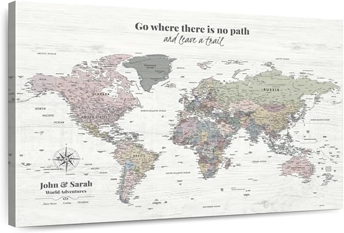 ElephantStock - Personalized Leave A Trail Iii Push Pin World Map Wall Art - Horizontal Canvas Wall Art - Living Room Wall Decor - Digital Art Map Canvas Art - White And Gray Decor - 36" x 24"