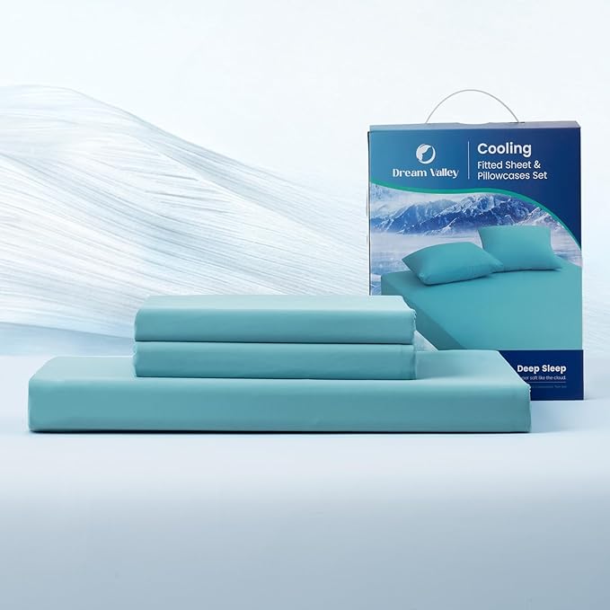 Dream Valley® King Size Sheets Set, Cooling Fitted Sheet with 2 Pillowcase-3 PCS with No Flat Sheet,Q-Max > 0.4 Aerocool, Cooling for Night Sweats, Hot Sleepers,deep Pocket up to 15",Dream Blue