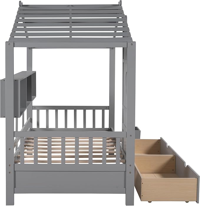 Modern Twin Size House Bed with Roof and Window, Wooden Daybed Frame with Shelves and 2 Drawers,Bedroom Furniture for Girls & Boys (Gray+2 Drawers/)