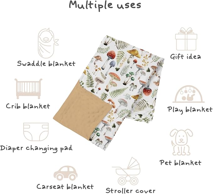 Boho Mushroom Forest Baby Blankets for Girls Boys 30" x 40", Brown Soft Double Layer Minky Blanket with Dotted Fleece Back, Nursery Bed Receiving Quilt for Newborn Infant Toddler Shower Gift