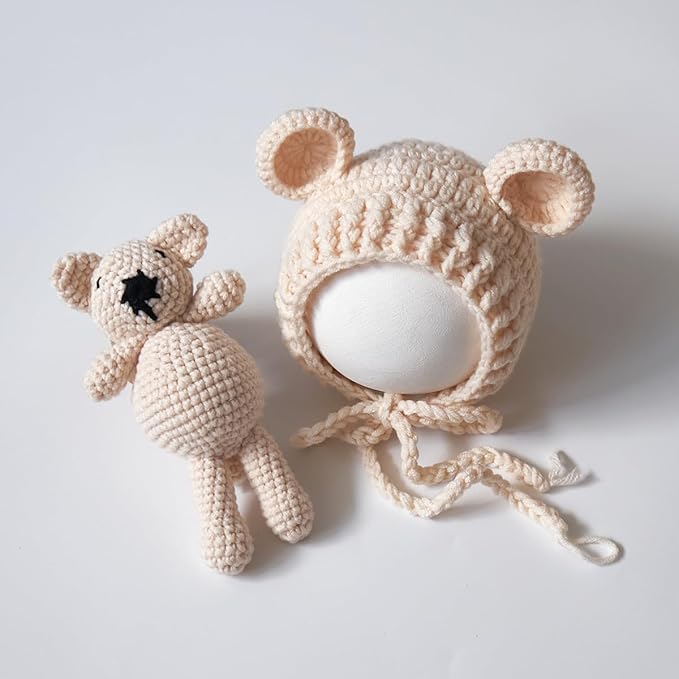 Zeroest Newborn Baby Boy Girl Photography Props Bear Hat Outfits Crochet Kint Handmade Cap Set for Newborn Photo Shoot