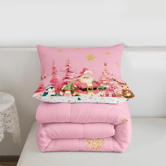 jejeloiu Merry Christmas Comforter Set King Size Santa Claus Bedding Set for Kids Boys Girls Cute Deer Duvet Quilt Pink Bedroom Decor