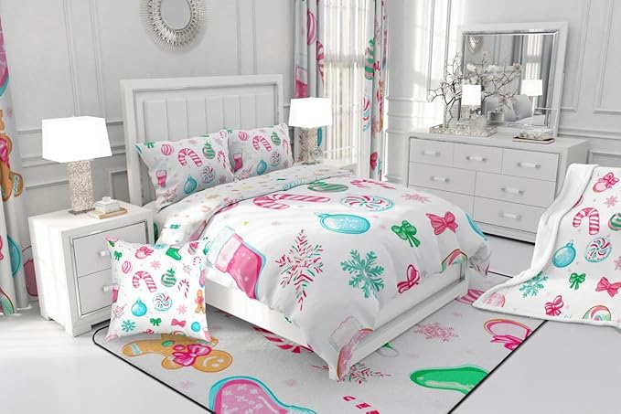 Feelyou Candy Cane Comforter Set King Size Christmas Ornament Bedding Set for Kids Boys Girls Snowflake Duvet Quilt Festive Bow Bedroom Decor Christmas Stocking Microfiber 3 Pcs with 2 Pillow Cases