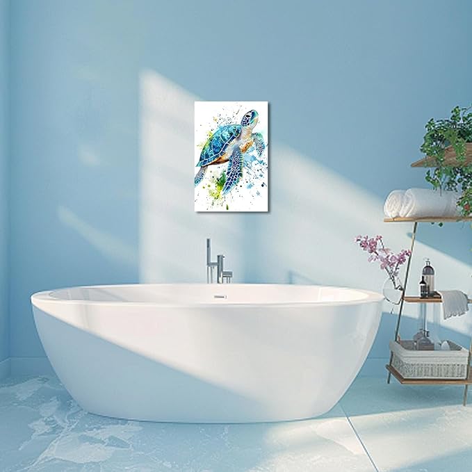 AWPANERAR Sea Turtle Wall Art Bathroom Pictures Watercolor Sea Life Canvas Prints Ocean Animal Poster Nautical Theme Artwork for Kids Room Nursery Decor Framed (White, (18L x 12W))