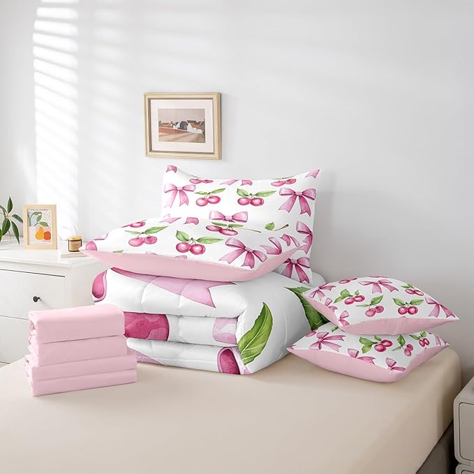 7 Pieces Pink Bowknot Kids Comforter Twin,Cherry Tropical Fruit Bow Patchwork Bedding Set,Bow Tie Butterfly Knot Princess Dreamy（Comforter+Fitted+Flat Sheet+2 Pillowcases+2 Throw Pillow Covers）