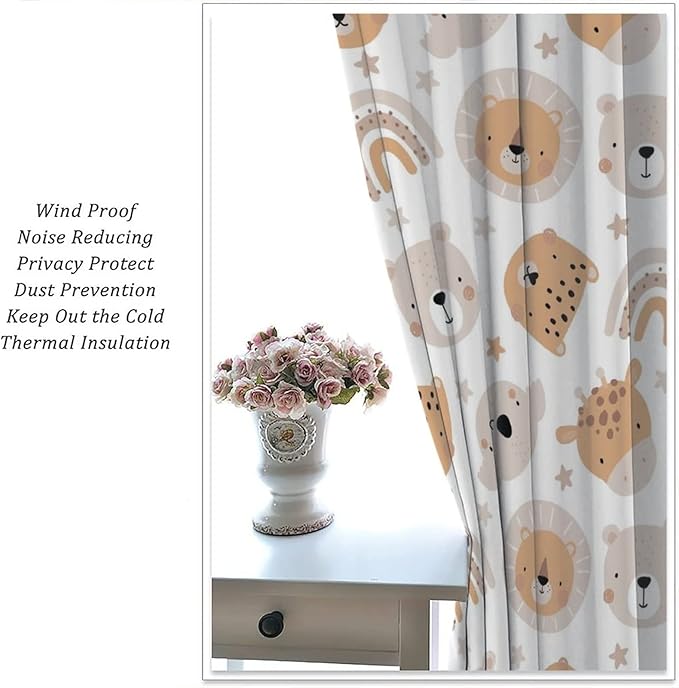 Cartoon Boho Animal Curtains,Funny Forest Safari Print,Cute African Wildlife Koala Giraffe Lion Leopard Bear Rainbow Blackout Window Drapes for Boys Girls Kids Baby Child Bedroom 42x63in