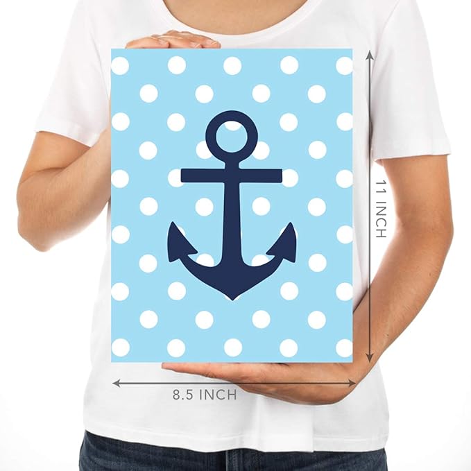 Andaz Press Personalized Ocean Nautical Sailor Theme Nursery Kids Bedroom Hanging Wall Art Decor, 8.5x11-inch, Baby Blue Stripes Dots, 6-Pack, Custom Unframed Room Poster