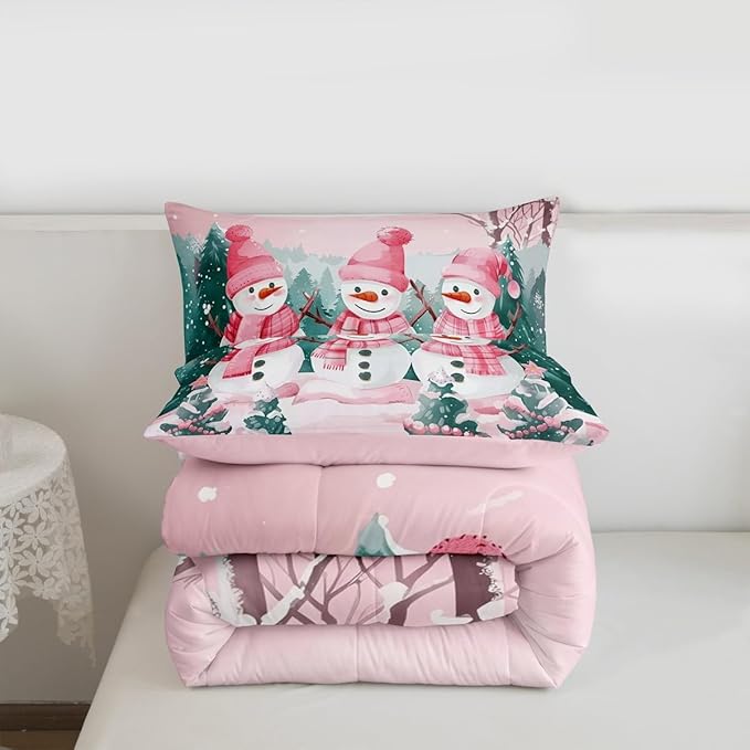 Feelyou Pink Christmas Kids Comforter Set Toddler Size Merry Christmas Tree and Snowman Bedding Set Cute Snowman Duvet Quilt for Kids Boys Girls Bedroom Xmas Snowflake Decor Kawaii Soft Breathable