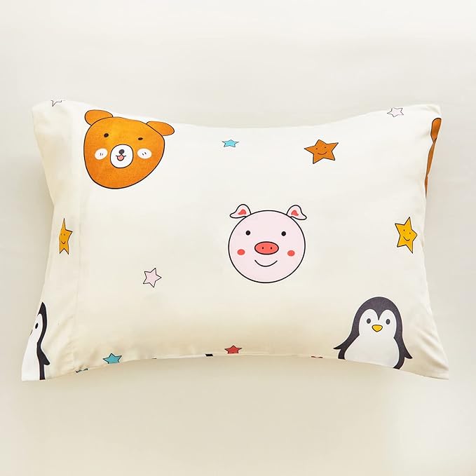 Flysheep 4 Piece Colorful Beige Toddler Bedding Set Happy Animals Printed for Baby Boys and Girls - Includes Quilted Comforter, Flat Sheet, Fitted Sheet & Pillow Case, Soft & Comfortable Microfiber