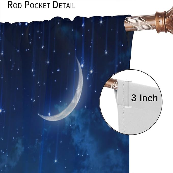 Star Night Sky Blackout Curtains, Moon Foggy Clouds Landscape Theme Print Window Drapes for Kids Girls Bedroom Living Room 42" W X 45" L