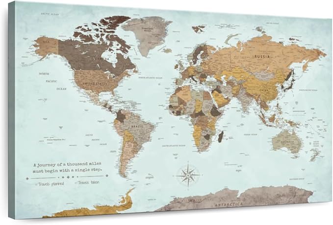 ElephantStock - A Thousand Miles World Push Pin Map Wall Art - Horizontal Canvas Wall Art - Living Room Wall Decor - Printmaking Map Canvas Art - Blue And Brown Decor - 48" x 32"