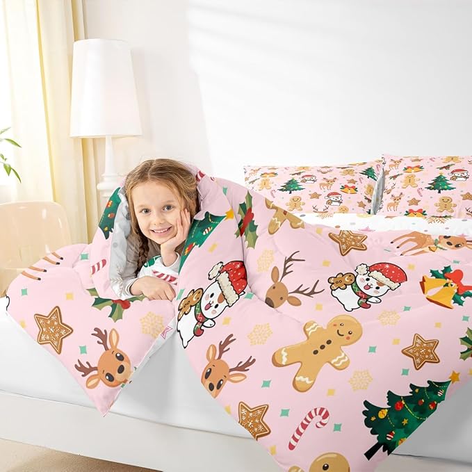 Feelyou Merry Christmas Bedding Set Soft for Boys Girls, Gingerbread Man Comforter Set Toddler Size Cute Deer Duvet Quilt Microfiber Christmas Tree 2 Pcs with 1 Pillow Cases