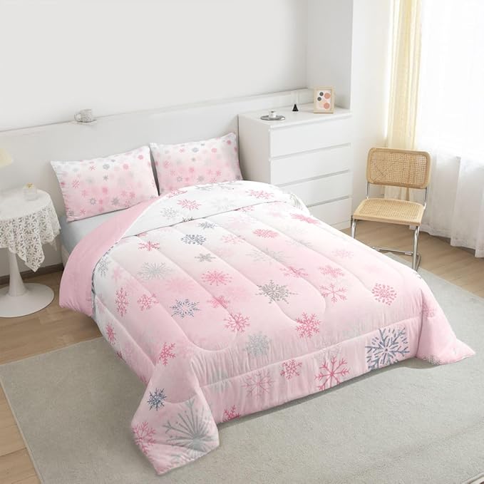 Feelyou Pink Snowflake Comforter Set Twin, Glitter Snowflake Comforter for Boys Girls Winter Theme Bedding Set Winter Holiday Duvet Set Decorative 2Pcs