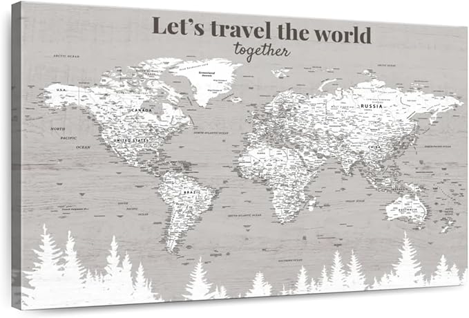 ElephantStock - Let's Travel II Push Pin World Map Wall Art - Horizontal Canvas Wall Art - Living Room Wall Decor - Digital Art Map Canvas Art - Gray And White Decor - 36" x 24"