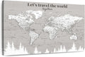 ElephantStock - Let's Travel II Push Pin World Map Wall Art - Horizontal Canvas Wall Art - Living Room Wall Decor - Digital Art Map Canvas Art - Gray And White Decor - 39" x 26"