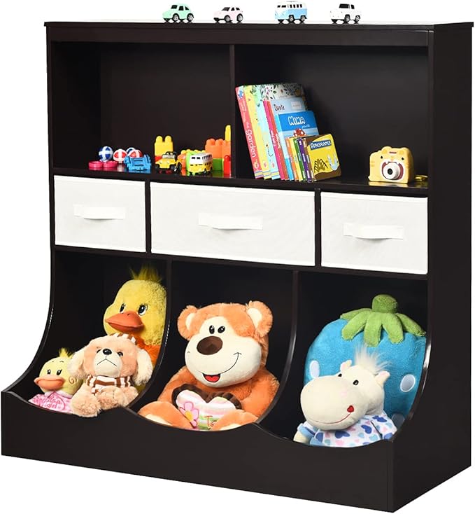 HONEY JOY Kids Toy Storage Organizer with Bookcase, 8-Cubby Organization Storage Cabinet w/Display Shelf & 3 Removable Fabric Bins, Wooden Toy Storage Unit for Playroom, Nursery Daycare(Espresso)
