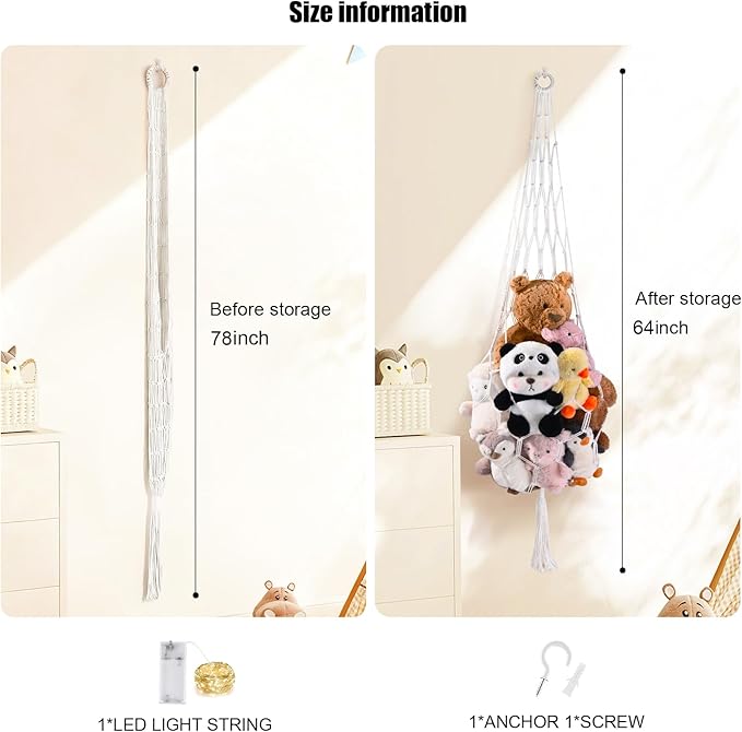 Stuffed Animal Hammock Corner Net with LED Light Plushies Storage Hammock for Stuffed Animals Boho Room Decor Macrame Wall Decor