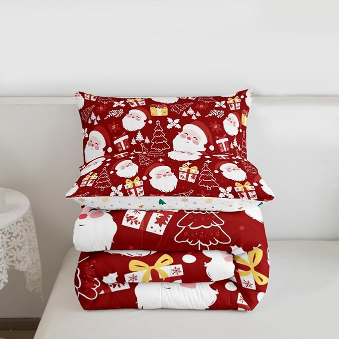 jejeloiu Santa Claus Comforter Set Toddler Size Merry Christmas Bedding Set for Kids Boys Girls Xmas Themed Duvet Quilt Red Bedroom Decor
