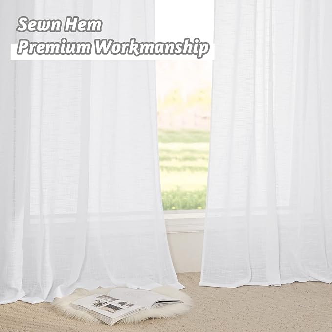 RYB HOME White Sheer Curtains for Living Room Privacy Semi Sheer Linen Curtains Light Glare Filtering for Bedroom Dining Office Window, 52 inches Wide x 84 inches Long, 2 Panels, White