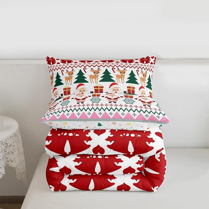 Feelyou Merry Christmas Comforter Set All Season Santa Claus Bedding Set with 2 Pillow Cases Cute Deer Microfiber Kids King Bedclothes Snowflake Bedroom Decor Duvet Quilt Breathable Soft