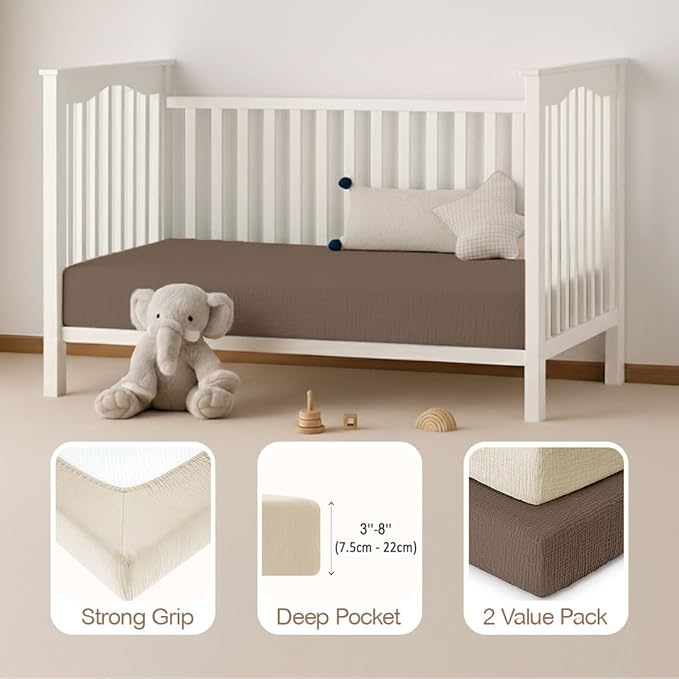Mère & Moi Muslin Fitted Crib Sheets – 100% Cotton, Ultra-Soft & Breathable Baby Bedding for Standard Crib & Toddler Mattress (28” x 52”) - 2 Pack (Brown and Cream)