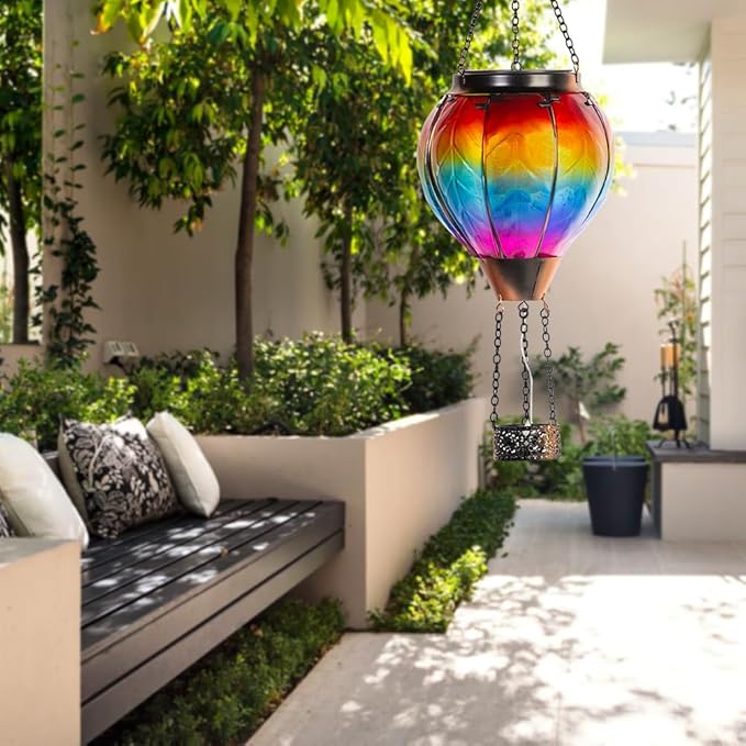 Starsoul Hot Air Balloon Solar Lantern with Candle Holder Solar Hot Air Balloon Flickering Flame Hanging Garden Light Waterproof Glass Hot Air Balloon Solar Lamp Decorative for Lawn Porch Tree Yard