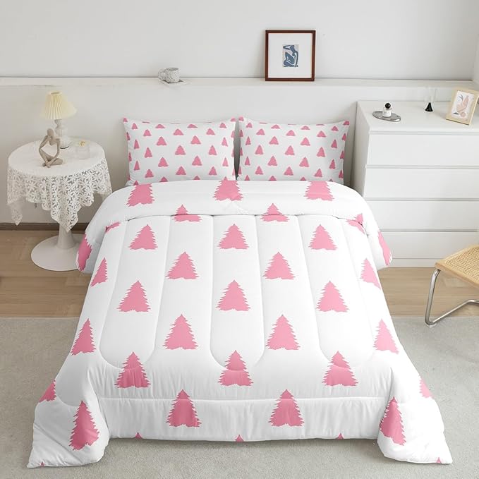 Feelyou Pink Christmas Trees Bedding Set for Kids Boys Girls King Size Holiday Comforter Set Ultra Soft Winter Comforter Xmas Decor Duvet Quilt Bedroom Decor Christmas Ornaments Quilt